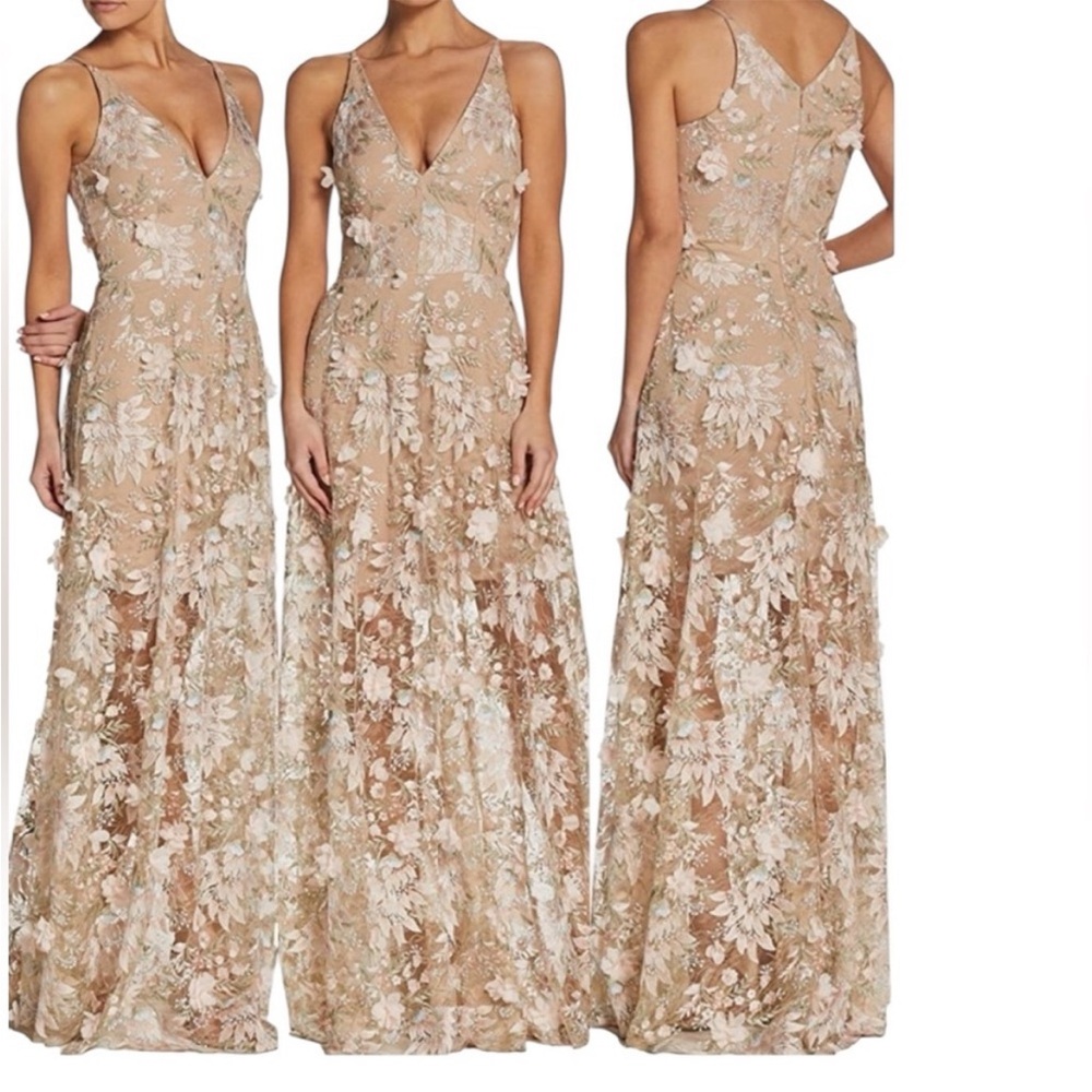 NWT Dress The Population - Sidney Pink Floral Deep V-Neck 3D Lace Gown